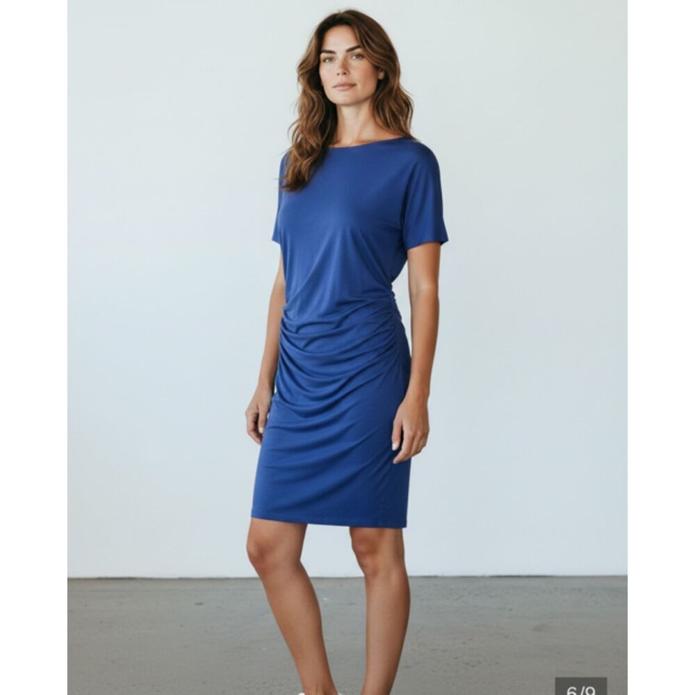 PURE Collection Blue Short Sleeve Ruched Mini Dress - Medium